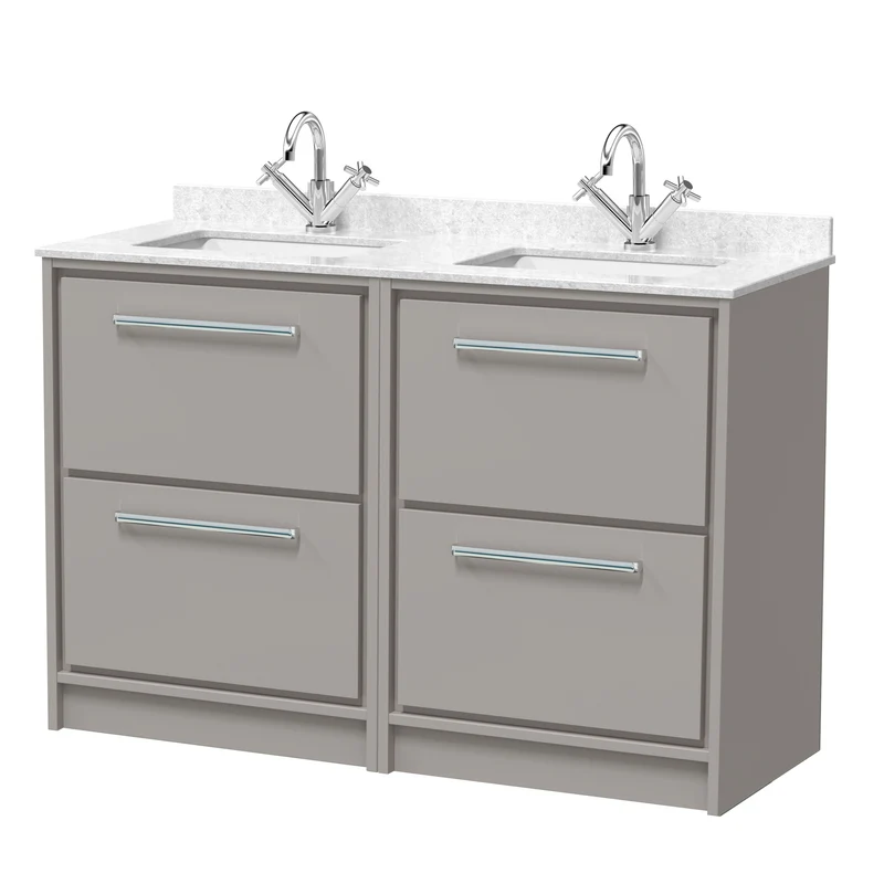 Lille 1200mm Floor Standing 4 Drawer Vanity Unit & White Marble Worktop & 2 Ceramic Bowls - Pebble Grey Matt