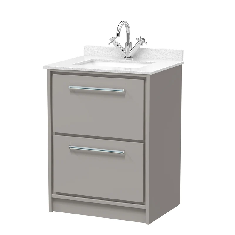 Lille 600mm Floor Standing 2 Drawer Vanity Unit & White Marble Worktop & Ceramic Bowl - Pebble Grey Matt