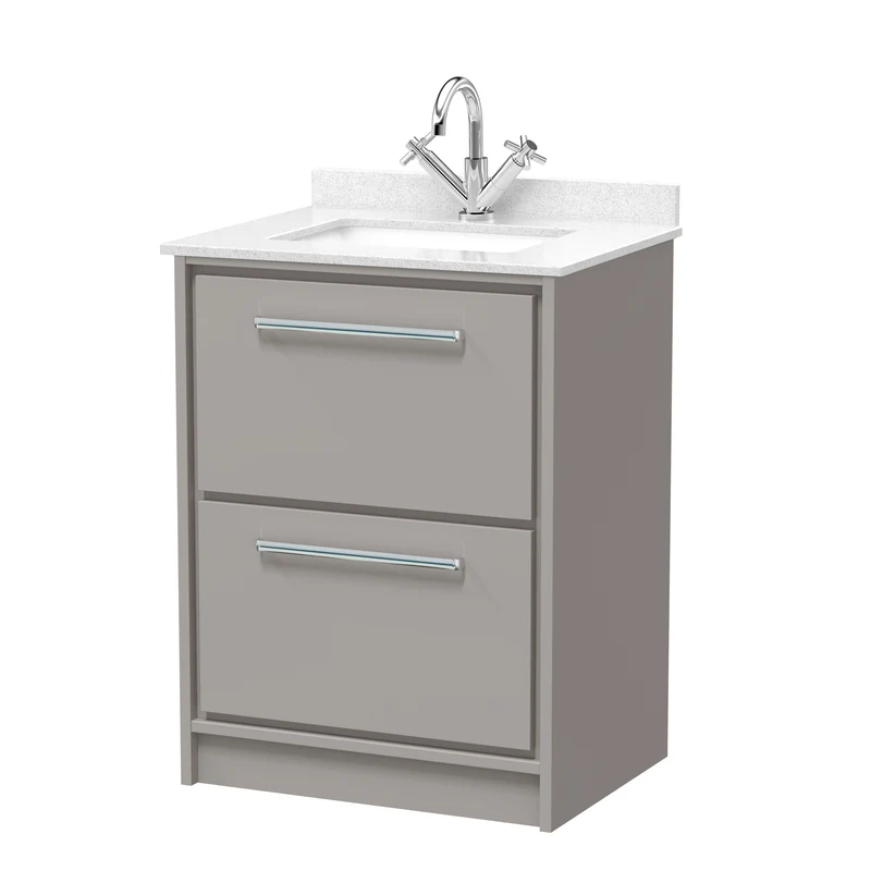 Lille 600mm Floor Standing 2 Drawer Vanity Unit & White Marble Worktop & Ceramic Bowl - Pebble Grey Matt