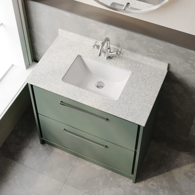 Lille 800mm Floor Standing 2 Drawer Vanity Unit & White Marble Worktop & Ceramic Bowl - Fern Green Matt