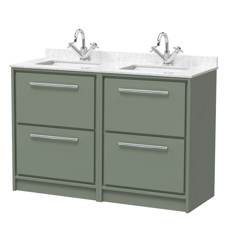 Lille 1200mm Floor Standing 4 Drawer Vanity Unit & White Marble Worktop & 2 Ceramic Bowls - Fern Green Matt