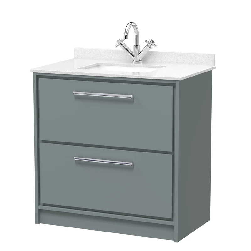 Lille 800mm Floor Standing 2 Drawer Vanity Unit & White Marble Worktop & Ceramic Bowl - Coastal Grey Matt