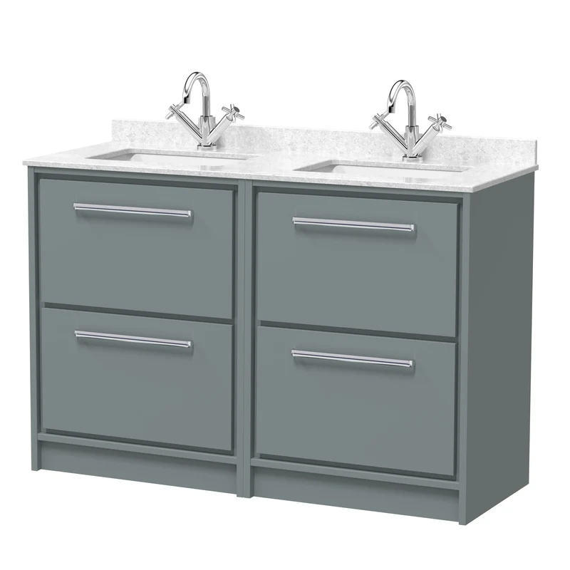 Lille 1200mm Floor Standing 4 Drawer Vanity Unit & White Marble Worktop & 2 Ceramic Bowls - Coastal Grey Matt