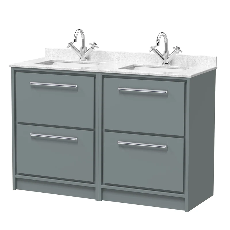 Lille 1200mm Floor Standing 4 Drawer Vanity Unit & White Marble Worktop & 2 Ceramic Bowls - Coastal Grey Matt