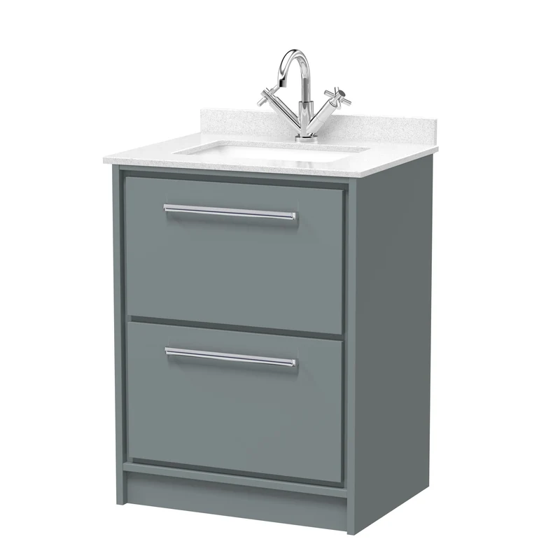 Lille 600mm Floor Standing 2 Drawer Vanity Unit & White Marble Worktop & Ceramic Bowl - Coastal Grey Matt