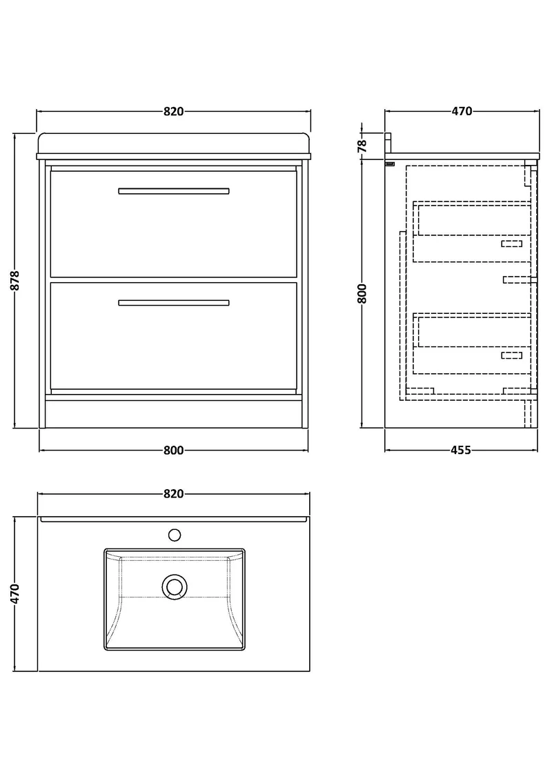 Lille 800mm Floor Standing 2 Drawer Vanity Unit & White Marble Worktop & Ceramic Bowl - Bleached Oak Woodgrain