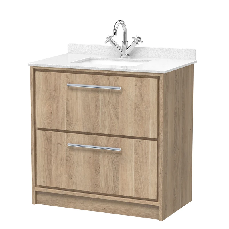 Lille 800mm Floor Standing 2 Drawer Vanity Unit & White Marble Worktop & Ceramic Bowl - Bleached Oak Woodgrain