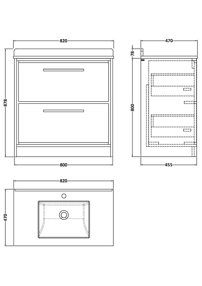 Lille 800mm Floor Standing 2 Drawer Vanity Unit & White Marble Worktop & Ceramic Bowl - Bleached Oak Woodgrain