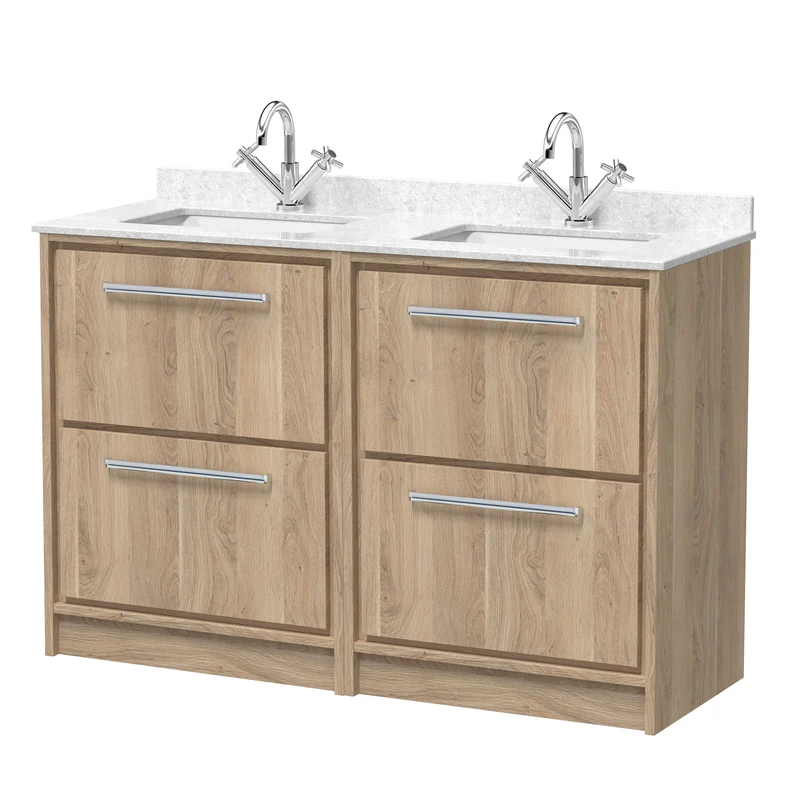 Lille 1200mm Floor Standing 4 Drawer Vanity Unit & White Marble Worktop & 2 Ceramic Bowls - Bleached Oak Woodgrain