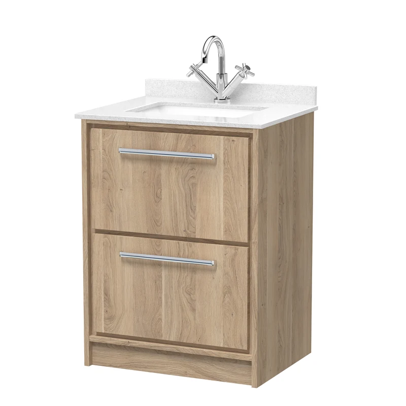 Lille 600mm Floor Standing 2 Drawer Vanity Unit & White Marble Worktop & Ceramic Bowl - Bleached Oak Woodgrain