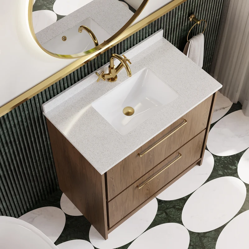 Lille 800mm Floor Standing 2 Drawer Vanity Unit & White Marble Worktop & Ceramic Bowl - Antique Oak Woodgrain