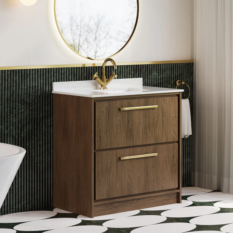 Lille 800mm Floor Standing 2 Drawer Vanity Unit & White Marble Worktop & Ceramic Bowl - Antique Oak Woodgrain