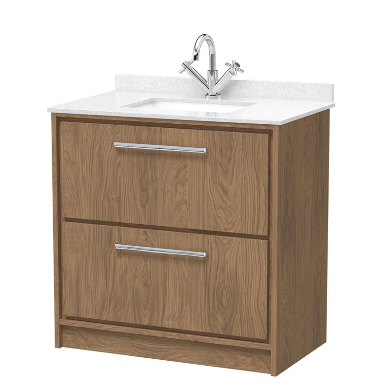 Lille 800mm Floor Standing 2 Drawer Vanity Unit & White Marble Worktop & Ceramic Bowl - Antique Oak Woodgrain