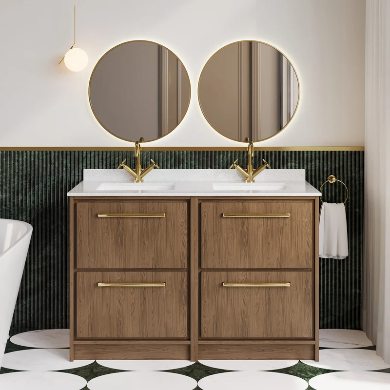 Lille 1200mm Floor Standing 4 Drawer Vanity Unit & White Marble Worktop & 2 Ceramic Bowls - Antique Oak Woodgrain