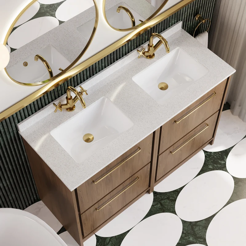 Lille 1200mm Floor Standing 4 Drawer Vanity Unit & White Marble Worktop & 2 Ceramic Bowls - Antique Oak Woodgrain