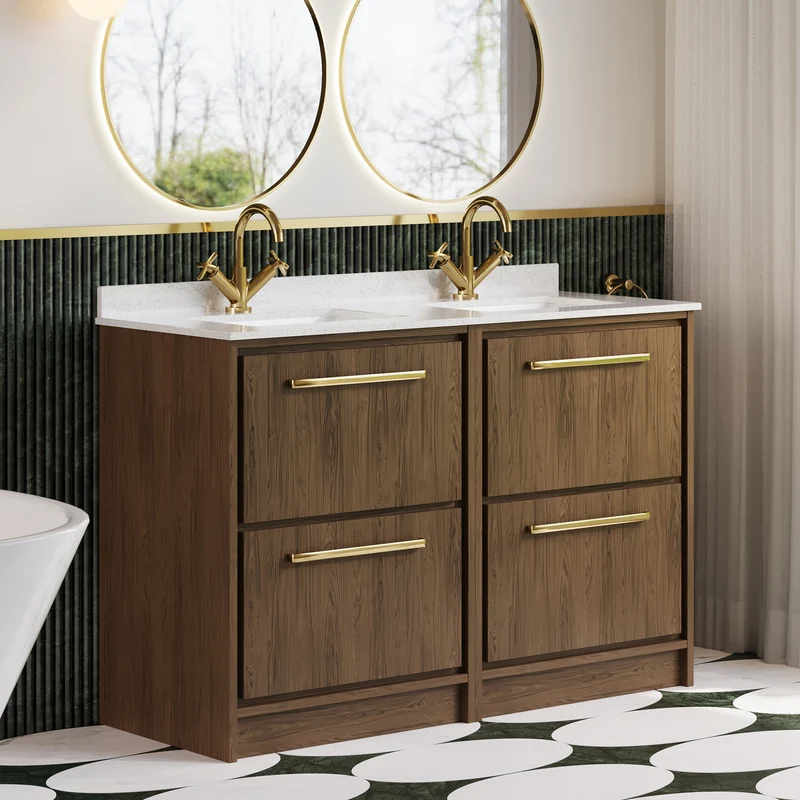 Lille 1200mm Floor Standing 4 Drawer Vanity Unit & White Marble Worktop & 2 Ceramic Bowls - Antique Oak Woodgrain