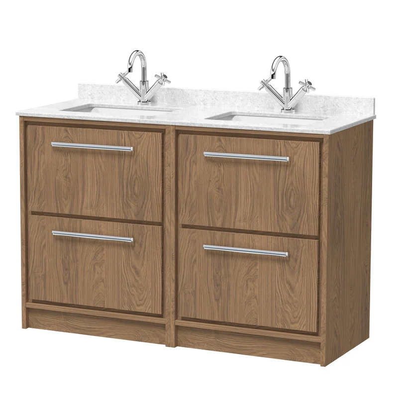 Lille 1200mm Floor Standing 4 Drawer Vanity Unit & White Marble Worktop & 2 Ceramic Bowls - Antique Oak Woodgrain