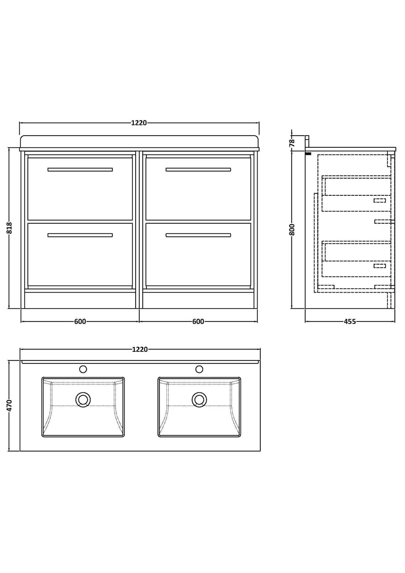 Lille 1200mm Floor Standing 4 Drawer Vanity Unit & White Marble Worktop & 2 Ceramic Bowls - Antique Oak Woodgrain