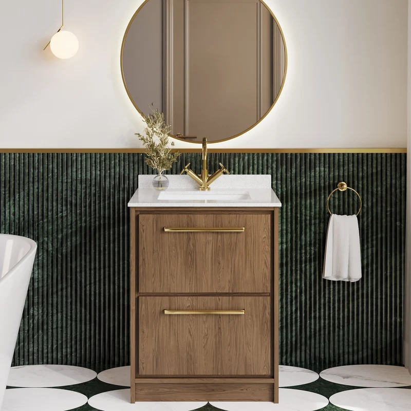 Lille 600mm Floor Standing 2 Drawer Vanity Unit & White Marble Worktop & Ceramic Bowl - Antique Oak Woodgrain