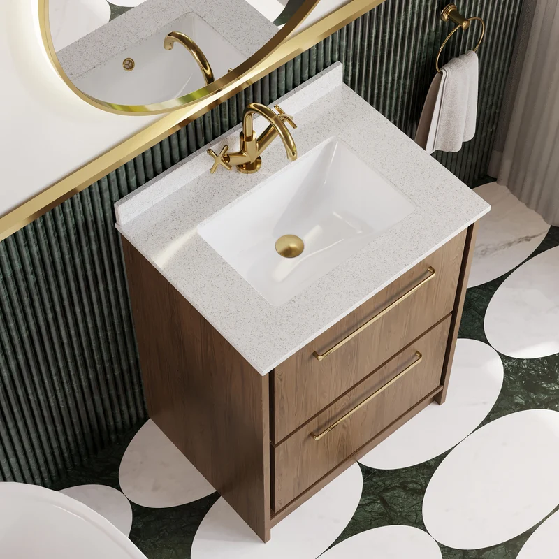 Lille 600mm Floor Standing 2 Drawer Vanity Unit & White Marble Worktop & Ceramic Bowl - Antique Oak Woodgrain