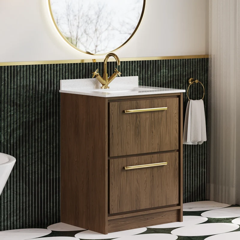 Lille 600mm Floor Standing 2 Drawer Vanity Unit & White Marble Worktop & Ceramic Bowl - Antique Oak Woodgrain