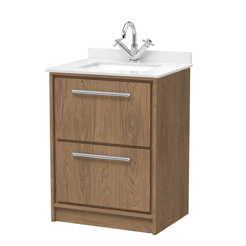 Lille 600mm Floor Standing 2 Drawer Vanity Unit & White Marble Worktop & Ceramic Bowl - Antique Oak Woodgrain