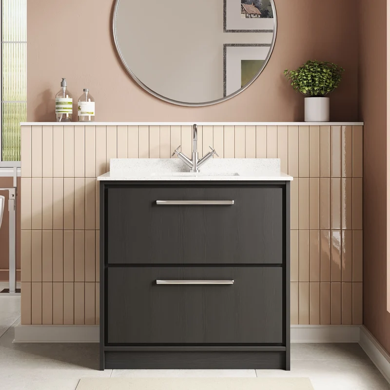 Lille 800mm Floor Standing 2 Drawer Vanity Unit & White Marble Worktop & Ceramic Bowl - Graphite Grey Woodgrain