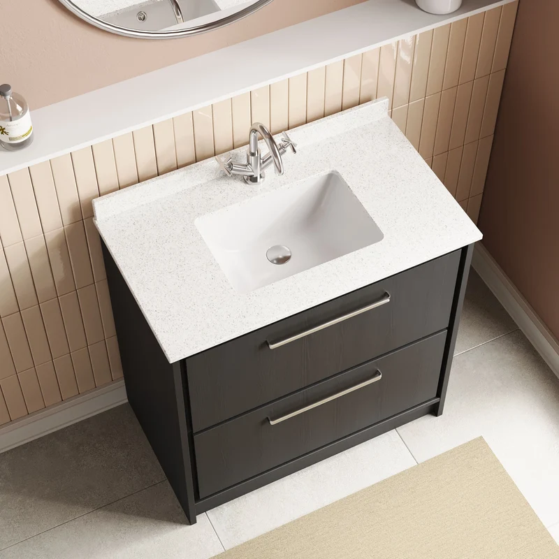Lille 800mm Floor Standing 2 Drawer Vanity Unit & White Marble Worktop & Ceramic Bowl - Graphite Grey Woodgrain