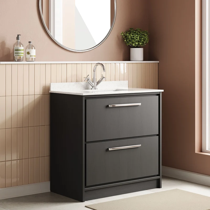 Lille 800mm Floor Standing 2 Drawer Vanity Unit & White Marble Worktop & Ceramic Bowl - Graphite Grey Woodgrain