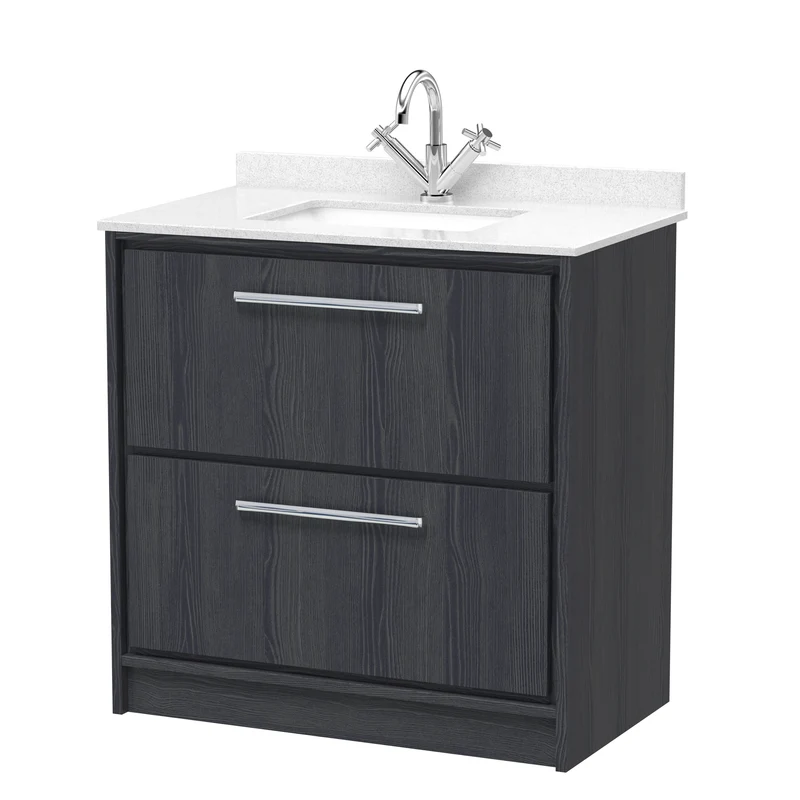 Lille 800mm Floor Standing 2 Drawer Vanity Unit & White Marble Worktop & Ceramic Bowl - Graphite Grey Woodgrain
