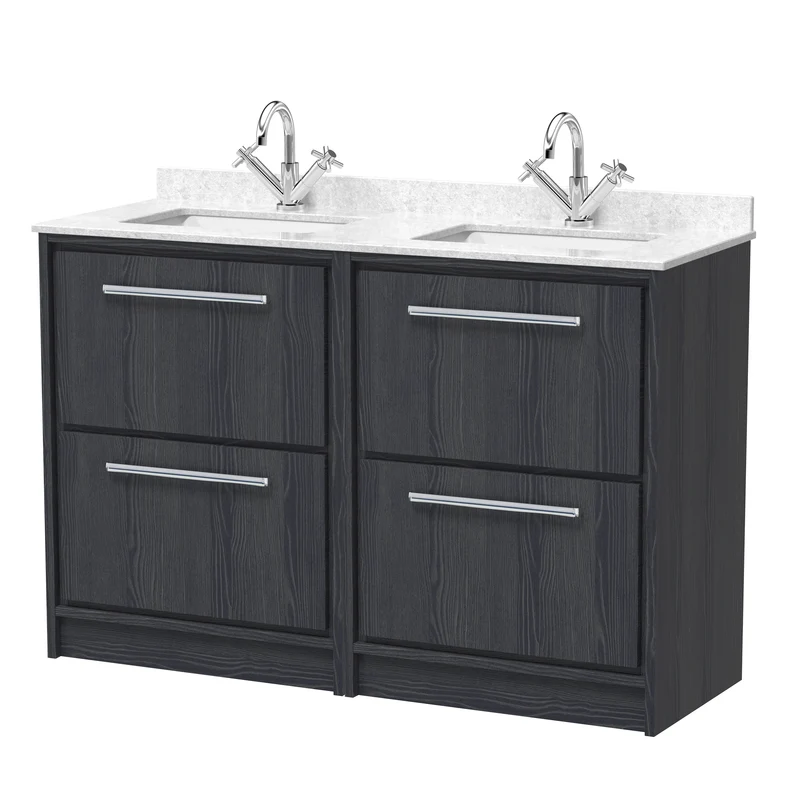 Lille 1200mm Floor Standing 4 Drawer Vanity Unit & White Marble Worktop & 2 Ceramic Bowls - Graphite Grey Woodgrain