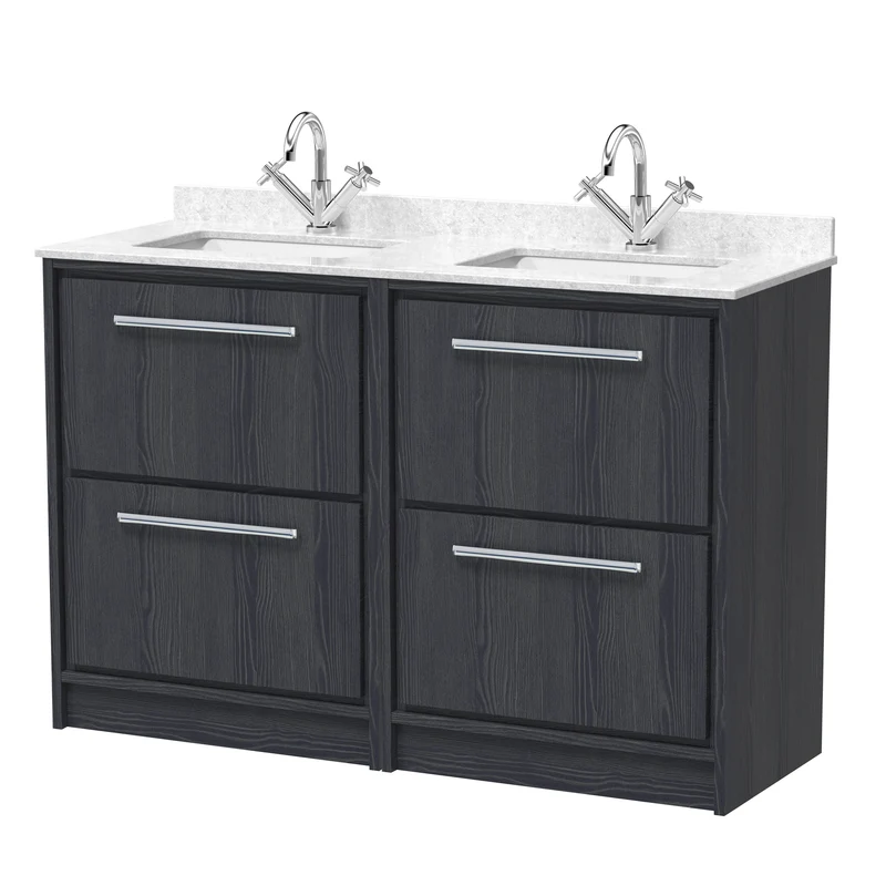 Lille 1200mm Floor Standing 4 Drawer Vanity Unit & White Marble Worktop & 2 Ceramic Bowls - Graphite Grey Woodgrain