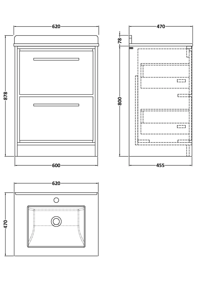 Lille 600mm Floor Standing 2 Drawer Vanity Unit & White Marble Worktop & Ceramic Bowl - Graphite Grey Woodgrain