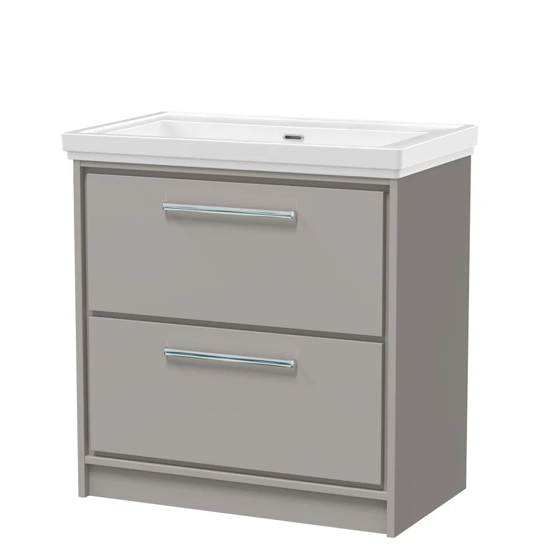 Lille 800mm Floor Standing 2 Drawer Vanity Unit & Traditional Fireclay Basin With No Tap Holes - Pebble Grey Matt