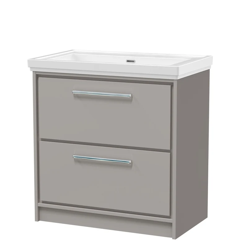 Lille 800mm Floor Standing 2 Drawer Vanity Unit & Traditional Fireclay Basin With No Tap Holes - Pebble Grey Matt