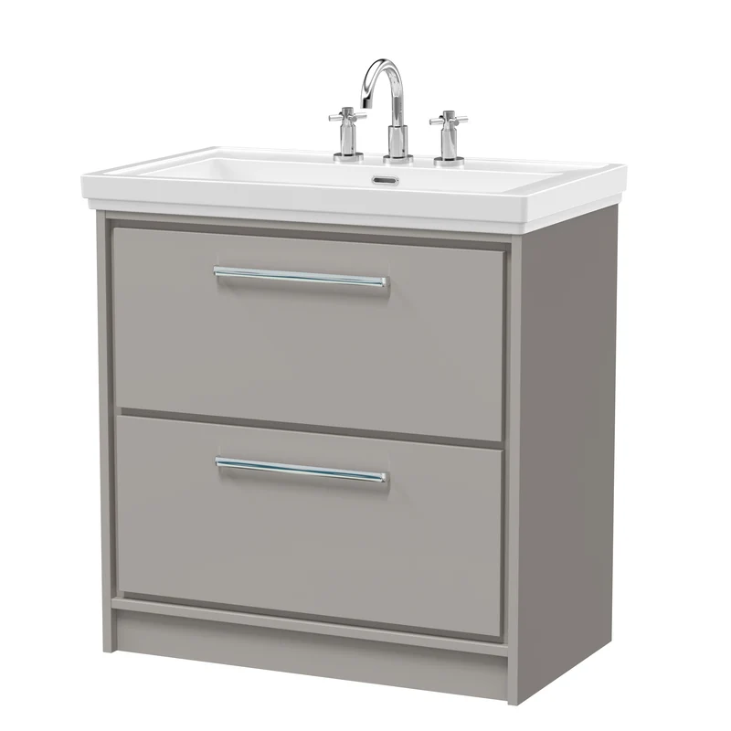 Lille 800mm Floor Standing 2 Drawer Vanity Unit & Traditional Fireclay Basin With 3 Tap Holes - Pebble Grey Matt