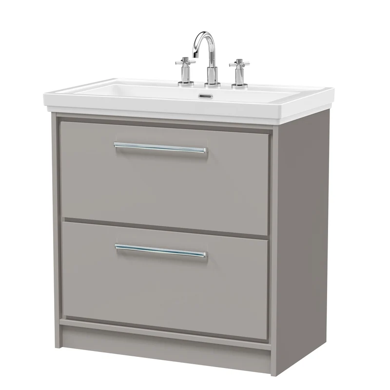Lille 800mm Floor Standing 2 Drawer Vanity Unit & Traditional Fireclay Basin With 3 Tap Holes - Pebble Grey Matt