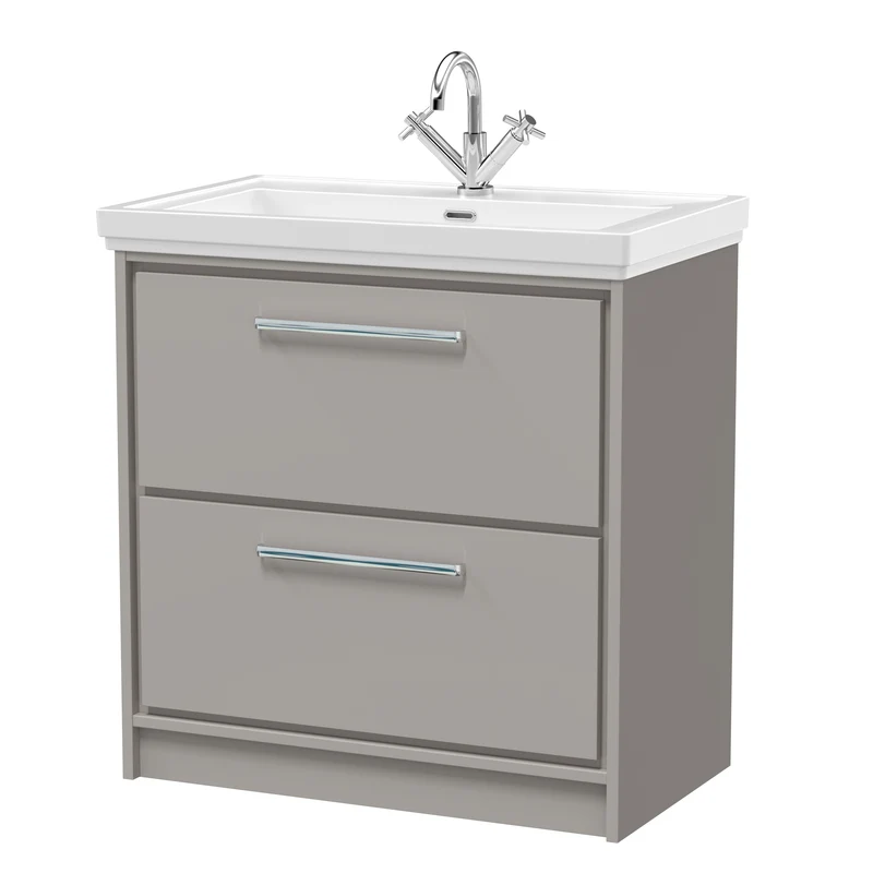 Lille 800mm Floor Standing 2 Drawer Vanity Unit & Traditional Fireclay Basin With 1 Tap Hole - Pebble Grey Matt