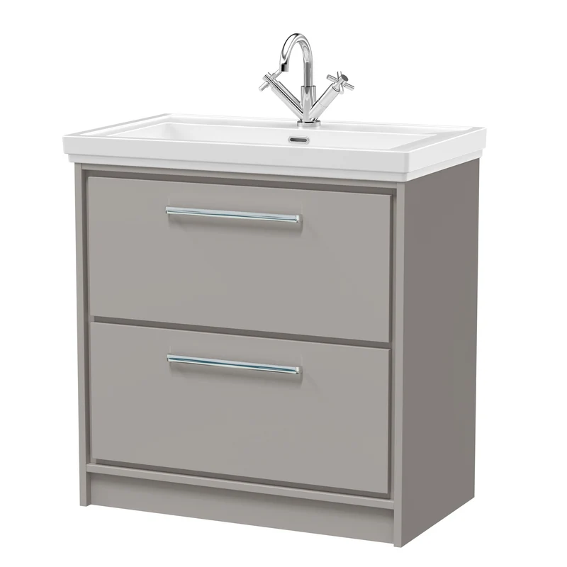 Lille 800mm Floor Standing 2 Drawer Vanity Unit & Traditional Fireclay Basin With 1 Tap Hole - Pebble Grey Matt