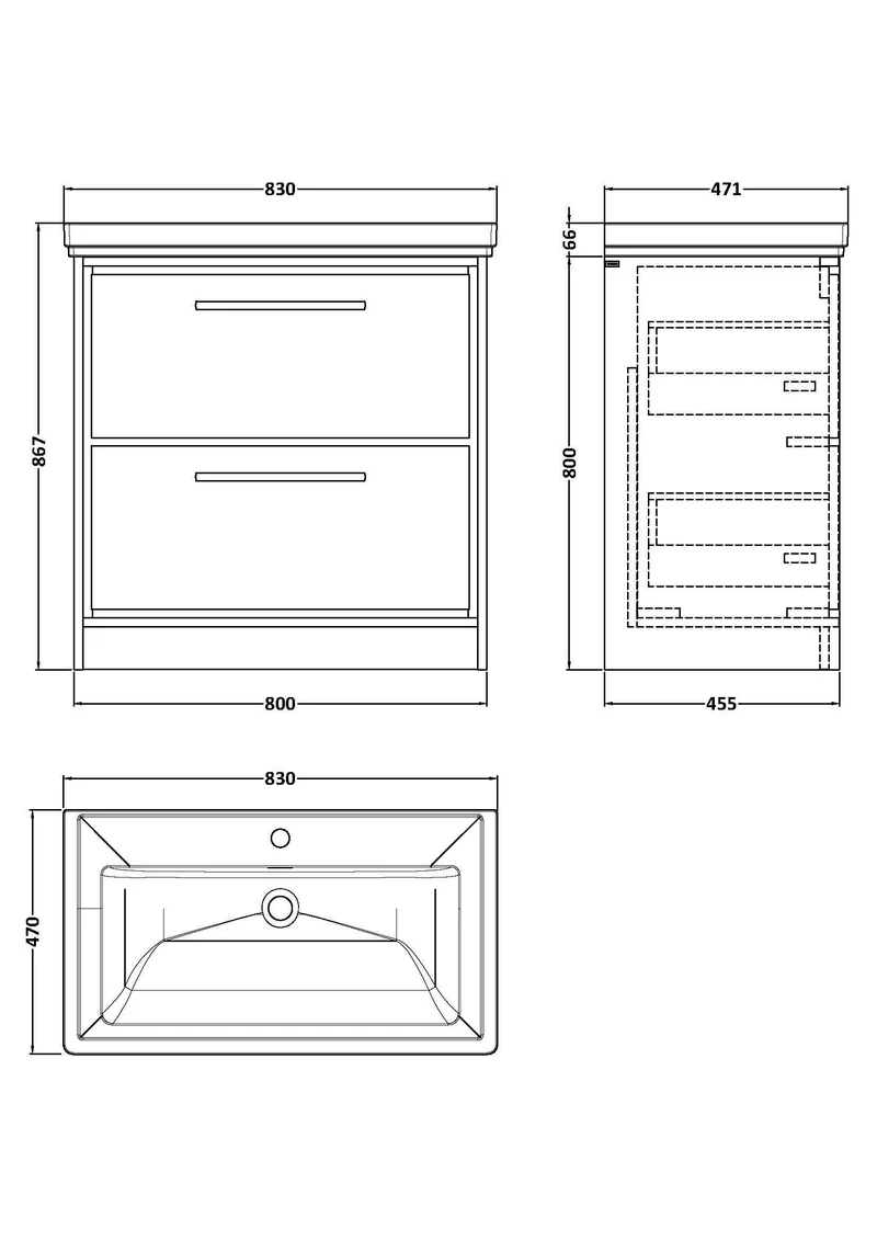 Lille 800mm Floor Standing 2 Drawer Vanity Unit & Traditional Fireclay Basin With 1 Tap Hole - Pebble Grey Matt