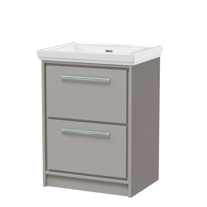 Lille 600mm Floor Standing 2 Drawer Vanity Unit & Traditional Fireclay Basin With No Tap Holes - Pebble Grey Matt