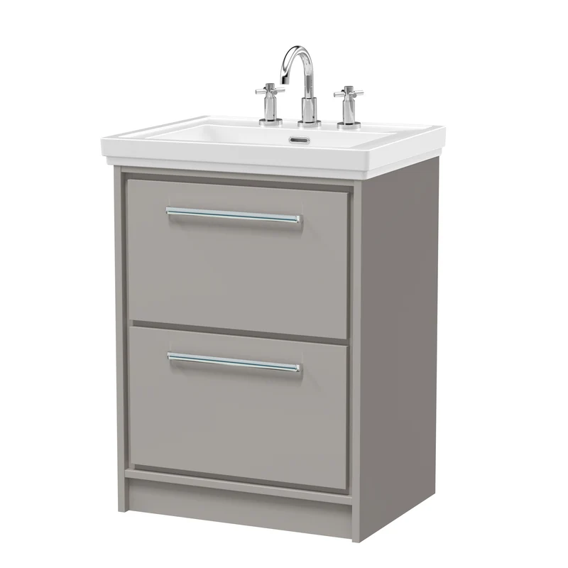 Lille 600mm Floor Standing 2 Drawer Vanity Unit & Traditional Fireclay Basin With 3 Tap Holes - Pebble Grey Matt