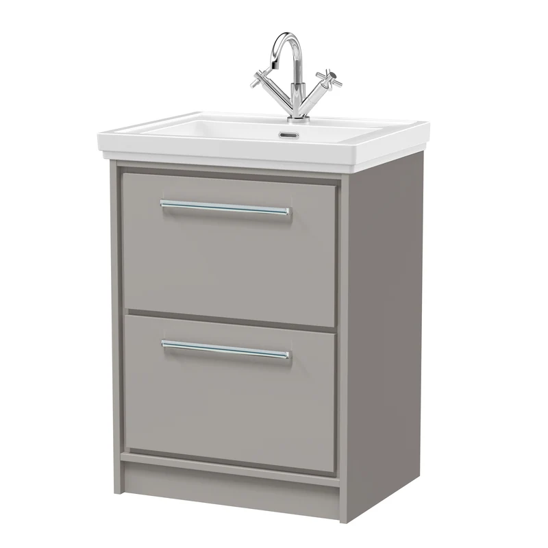 Lille 600mm Floor Standing 2 Drawer Vanity Unit & Traditional Fireclay Basin With 1 Tap Hole - Pebble Grey Matt