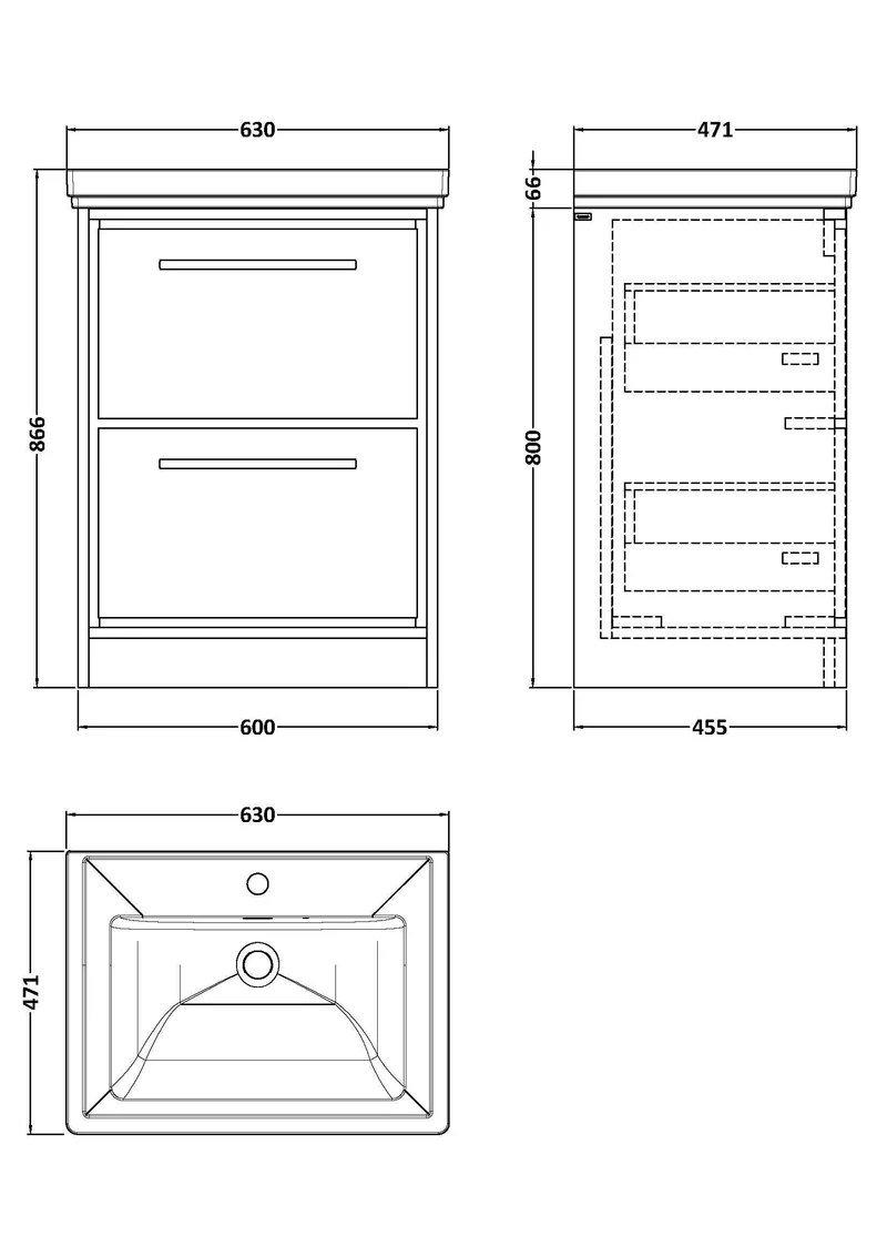 Lille 600mm Floor Standing 2 Drawer Vanity Unit & Traditional Fireclay Basin With 1 Tap Hole - Pebble Grey Matt