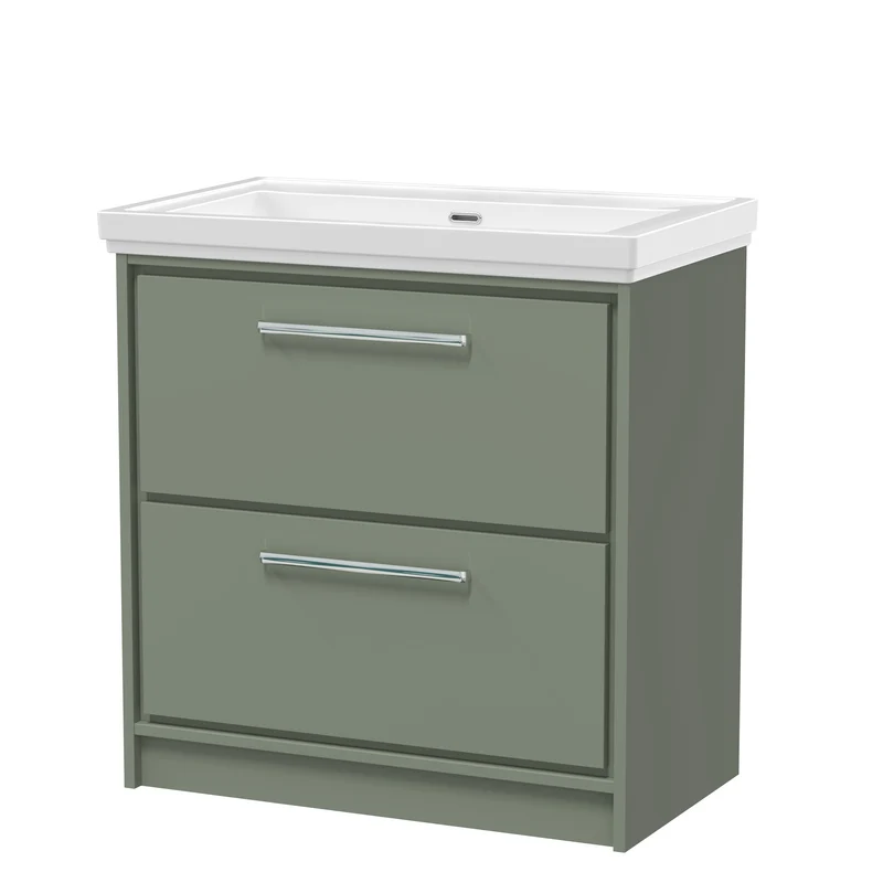 Lille 800mm Floor Standing 2 Drawer Vanity Unit & Traditional Fireclay Basin With No Tap Holes - Fern Green Matt