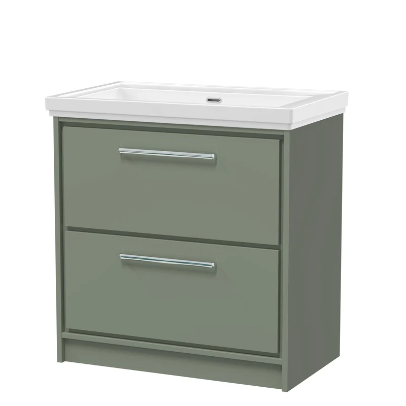 Lille 800mm Floor Standing 2 Drawer Vanity Unit & Traditional Fireclay Basin With No Tap Holes - Fern Green Matt