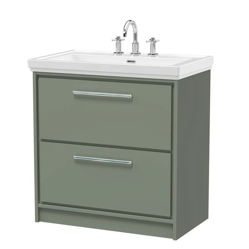 Lille 800mm Floor Standing 2 Drawer Vanity Unit & Traditional Fireclay Basin With 3 Tap Holes - Fern Green Matt