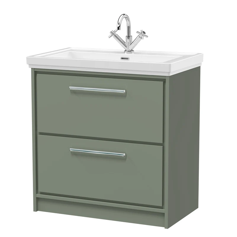 Lille 800mm Floor Standing 2 Drawer Vanity Unit & Traditional Fireclay Basin With 1 Tap Hole - Fern Green Matt