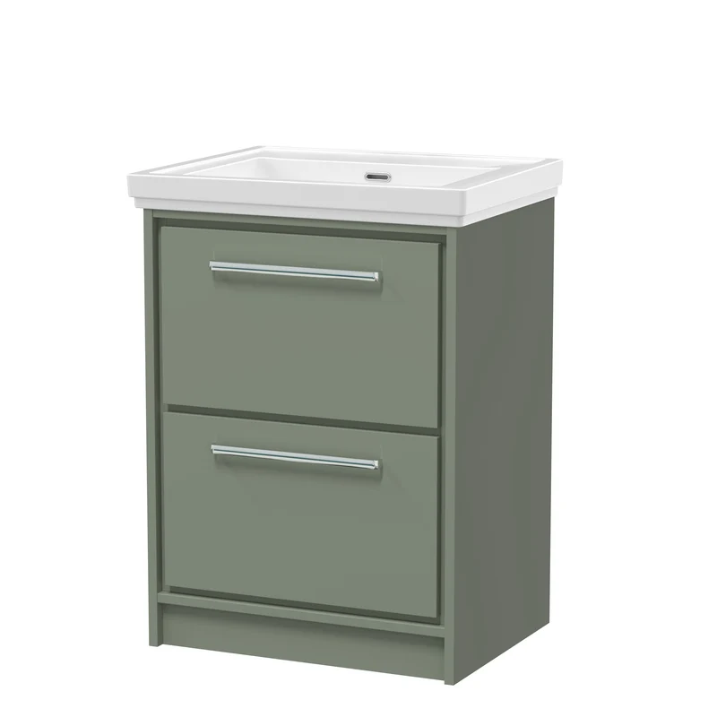 Lille 600mm Floor Standing 2 Drawer Vanity Unit & Traditional Fireclay Basin With No Tap Holes - Fern Green Matt