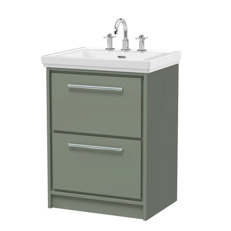 Lille 600mm Floor Standing 2 Drawer Vanity Unit & Traditional Fireclay Basin With 3 Tap Holes - Fern Green Matt